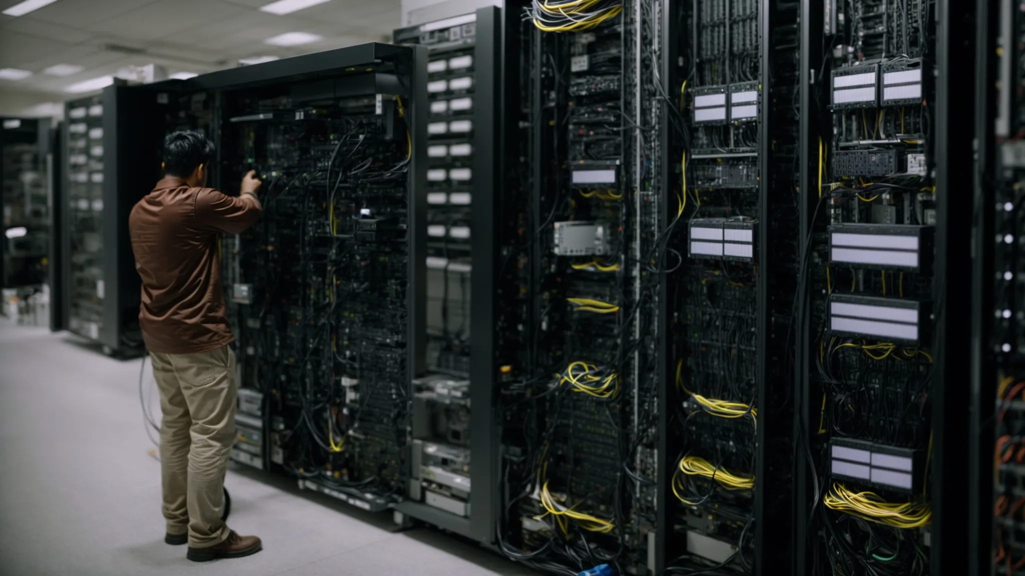 a network engineer configures voip equipment in a server room filled with rack-mounted hardware.