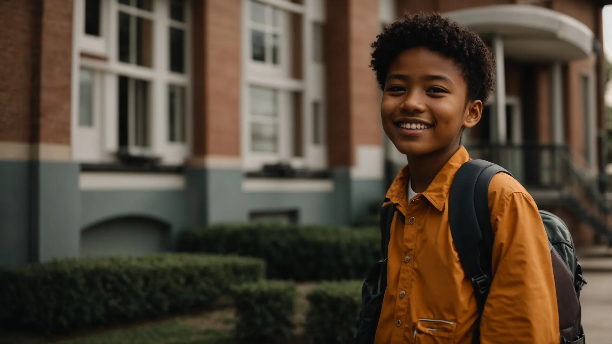 a young student stands with bright eyes and a hopeful smile in front of a school, ready to embark on an academic adventure.