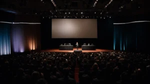 a speaker stands before an engaged audience at a professional conference, sharing insights on stage under a spotlight.