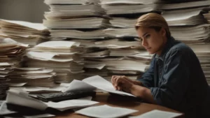 a worried individual sits at a table with a calculator and a pile of documents.