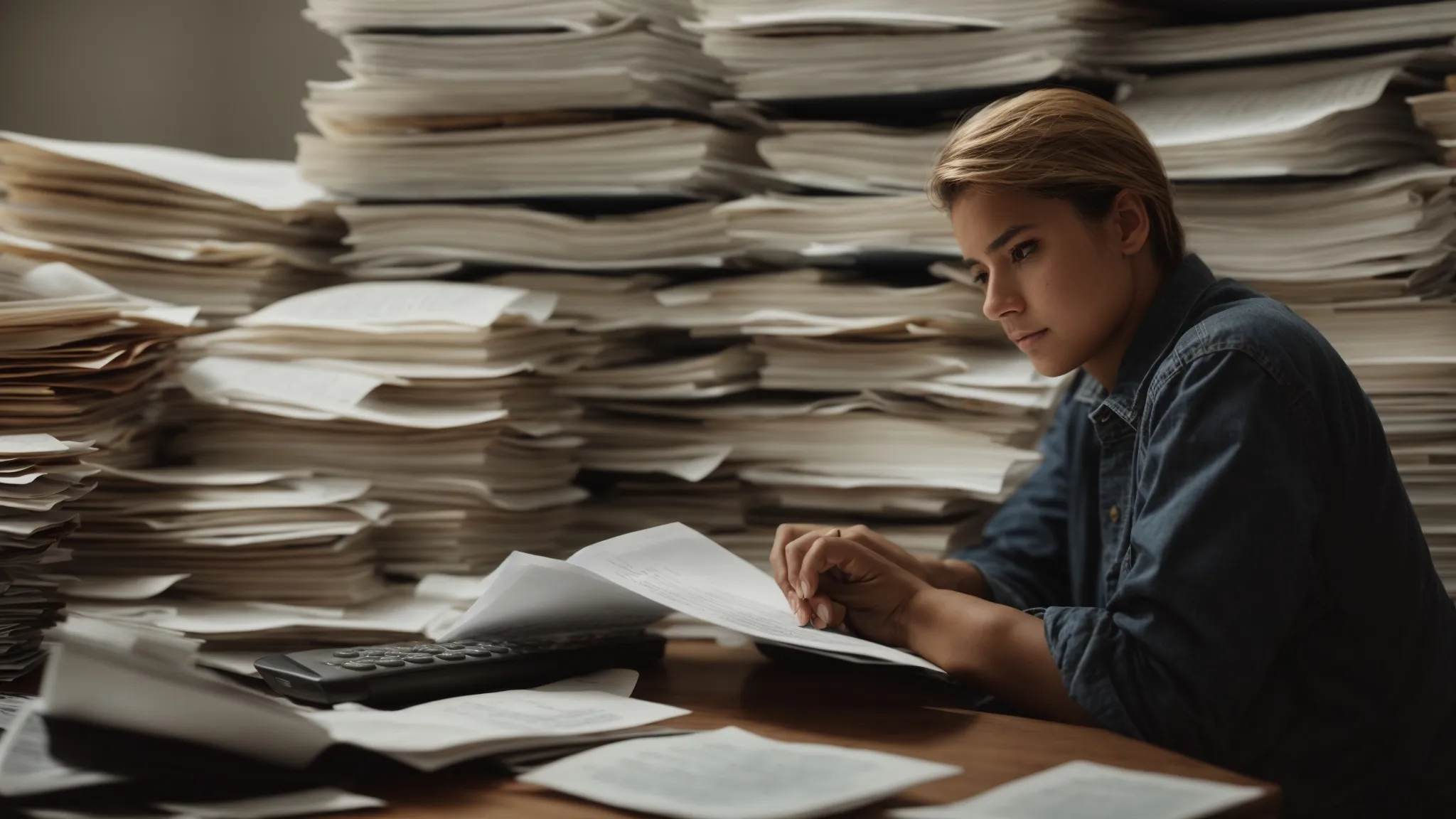 a worried individual sits at a table with a calculator and a pile of documents.