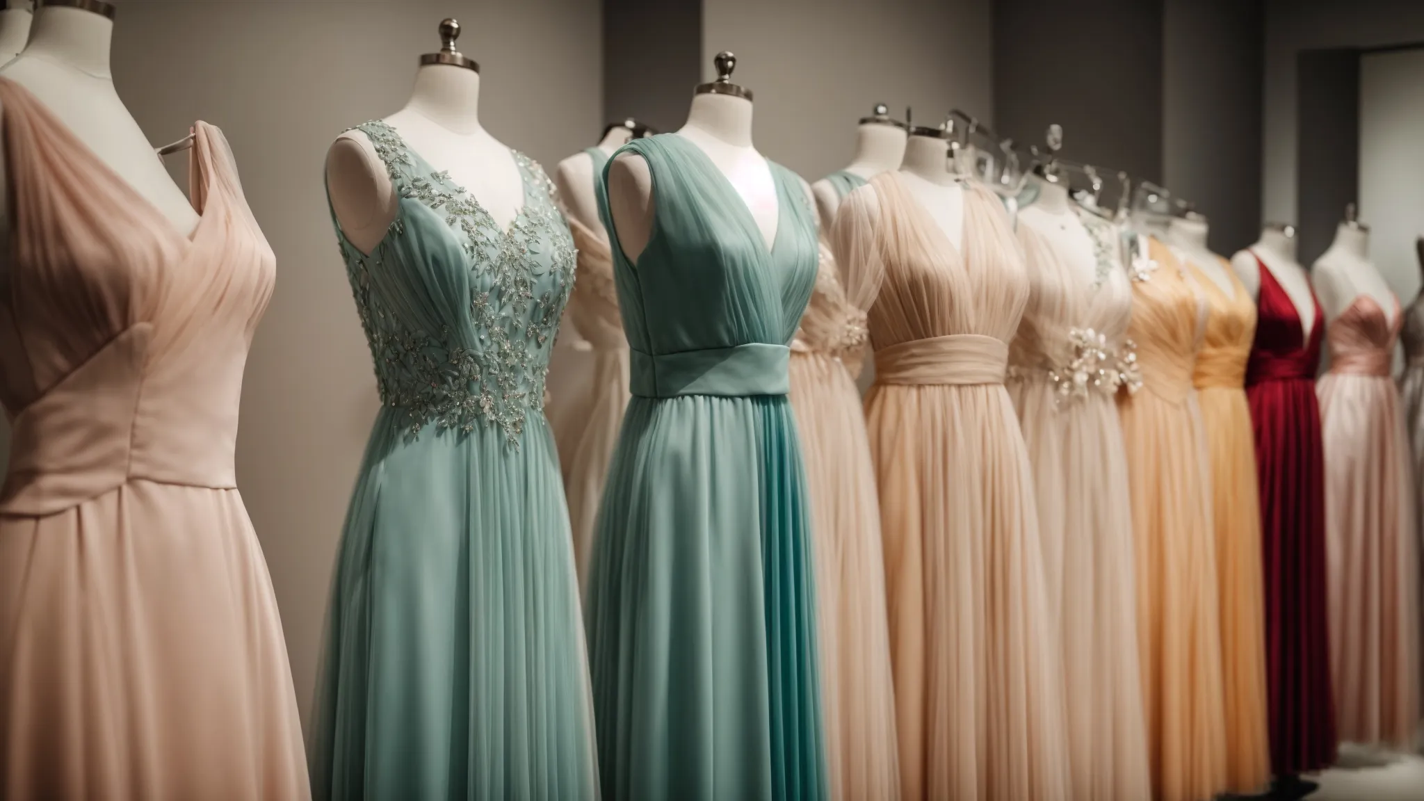 a collection of elegant dresses in various styles and colors is displayed on mannequins in a bright boutique.
