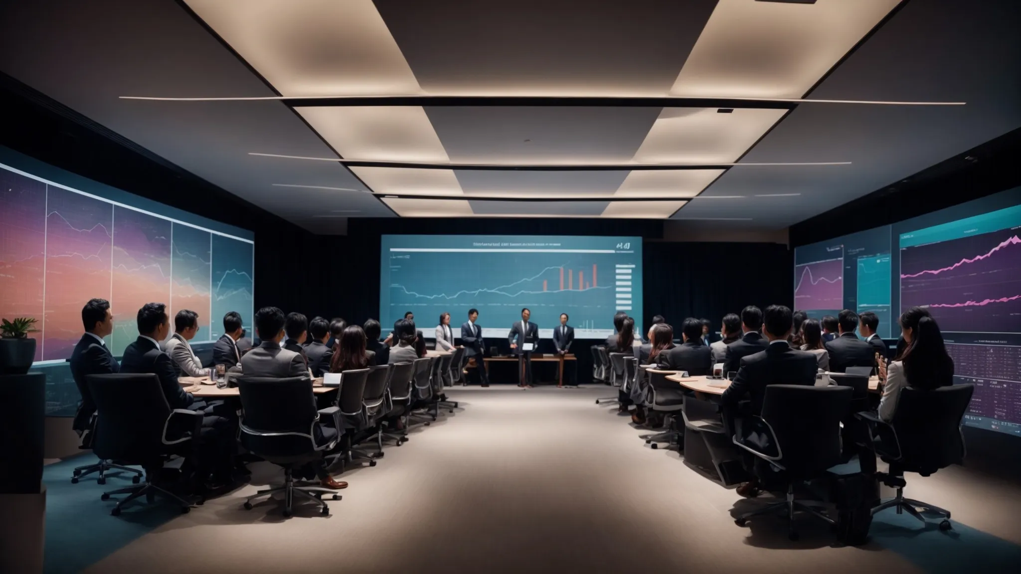 a sleek conference room filled with professionals engaged in a presentation on a large screen showcasing colorful graphs and charts.