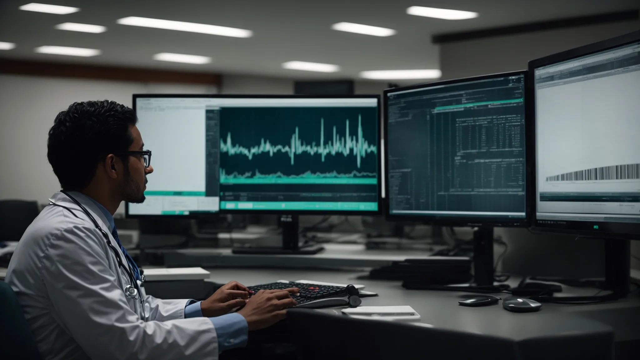 a doctor views a computer screen showing a medical software interface while sitting at a desk in a hospital office.
