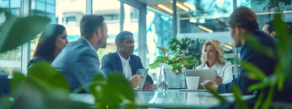 a group of business professionals in a meeting room discussing sustainable kitchen renovation options in los angeles.