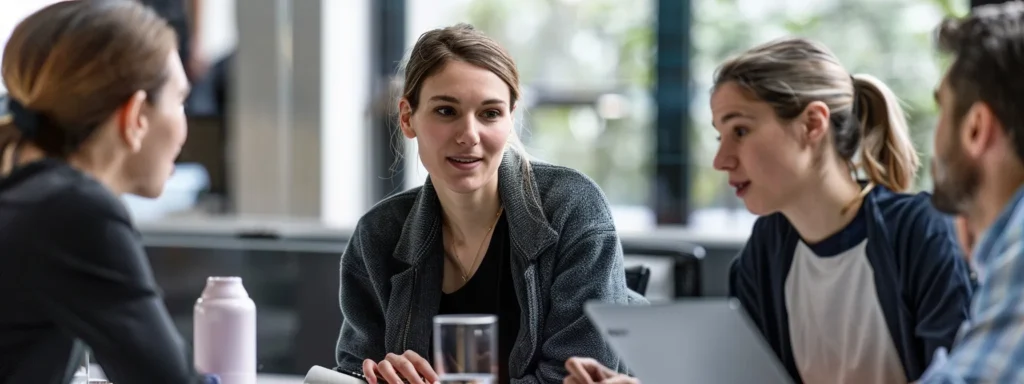 a group of business professionals discussing the impact of personalized women's hoodies on the fashion industry.