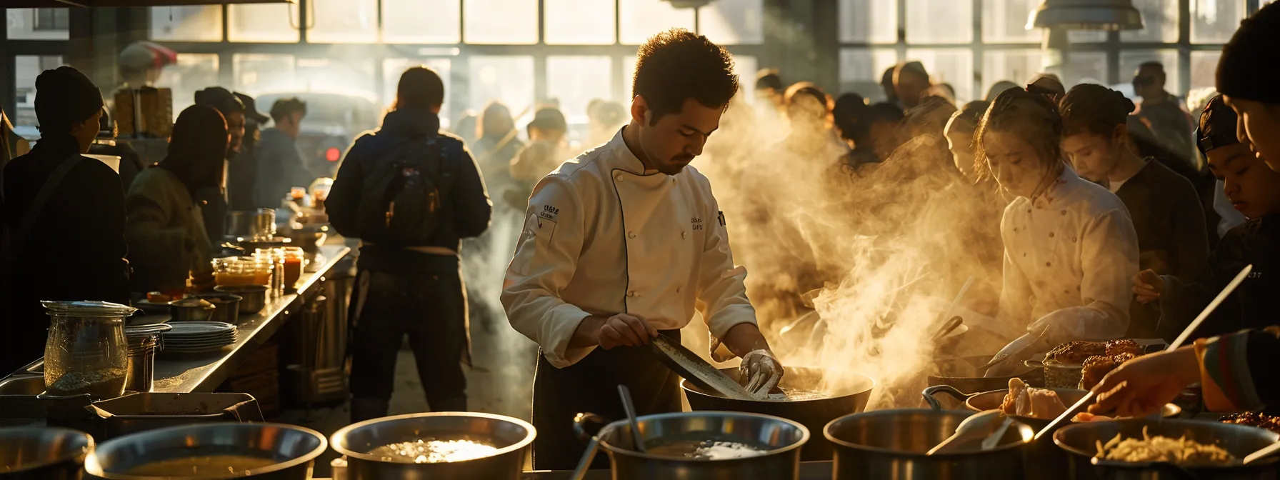 a chef stirring a large pot of steaming soup surrounded by a group of eager students in a bustling new york city kitchen.
