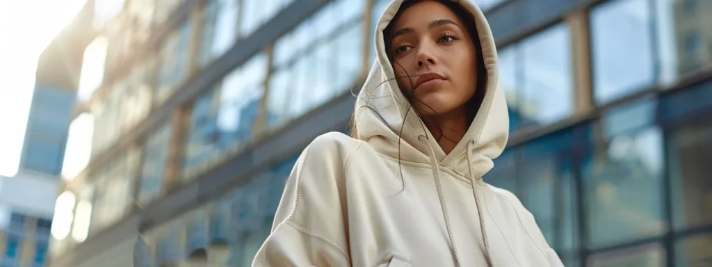 a woman wearing a personalized hoodie with a unique design and color scheme, confidently showcasing her individuality and fashion sense.