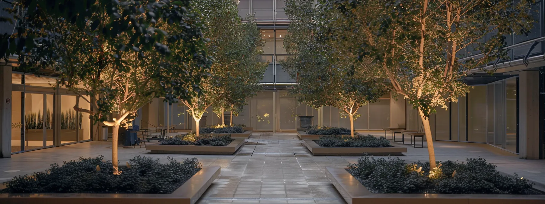 a professional agency is anchoring artificial trees in an outdoor space.