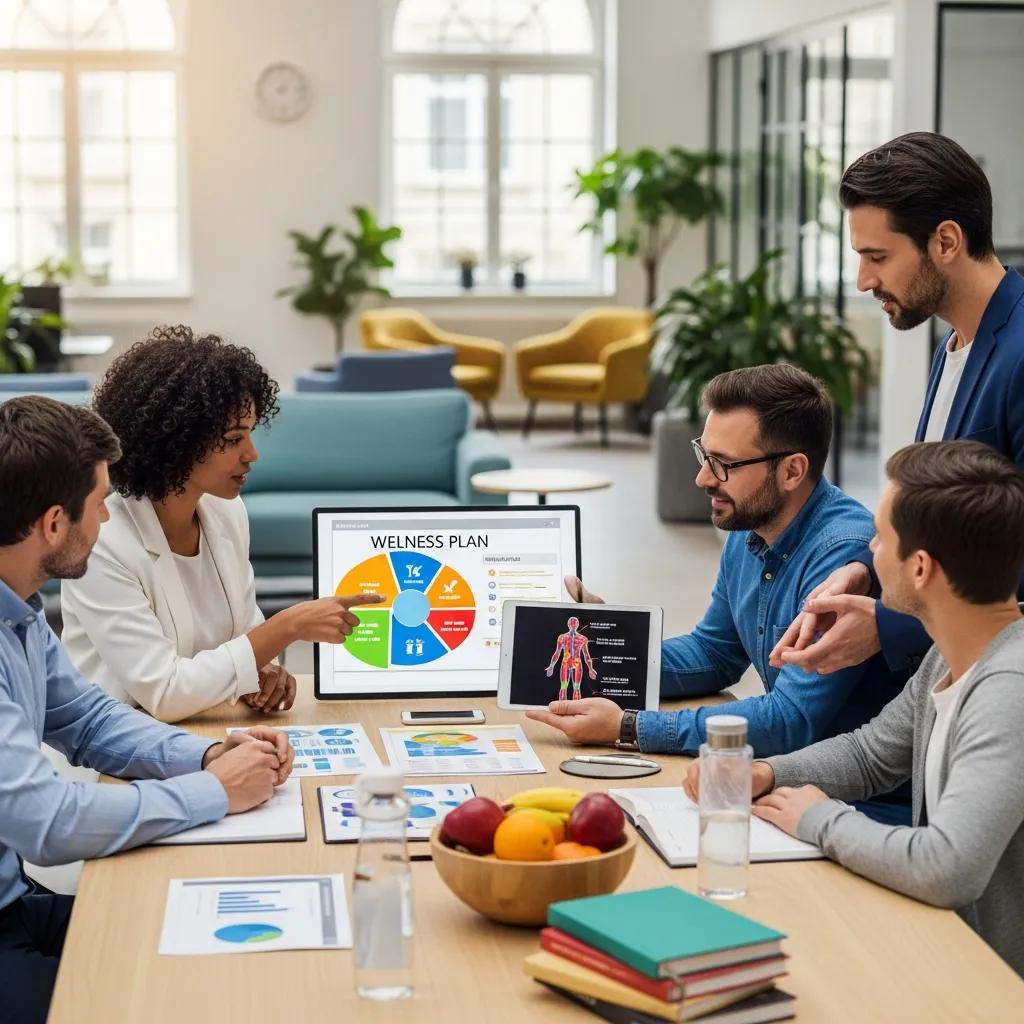 Group of professionals collaborating on personalized wellness plans in a modern office