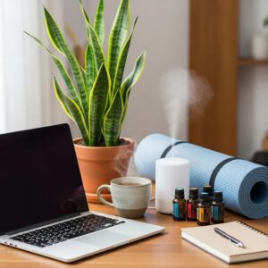 Holistic wellness workspace with laptop, plants, and wellness items for digital professionals