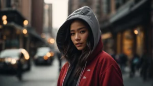 a woman wears a unique, custom-designed hoodie, confidently standing in a bustling urban setting.