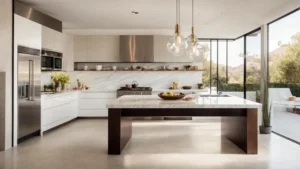 a modern, spacious kitchen in los angeles with sleek, marble countertops and state-of-the-art stainless steel appliances illuminated by natural light.