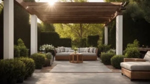 a spacious patio adorned with lush, realistic artificial trees creating a serene outdoor living area.