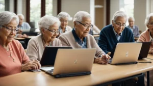 a group of senior citizens engages with laptops and tablets during a computer class in a bright, modern senior living community center.