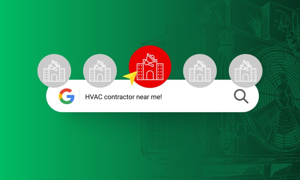 Search bar displaying "HVAC contractor near me!" with highlighted building icon, representing local HVAC services, against a green background featuring HVAC equipment illustrations.